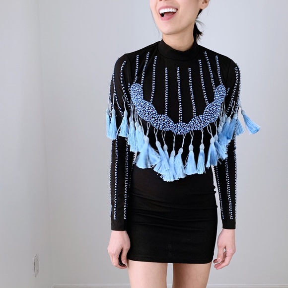 BEADED TASSEL BODYCON MINI DRESS - Picture 3 of 9